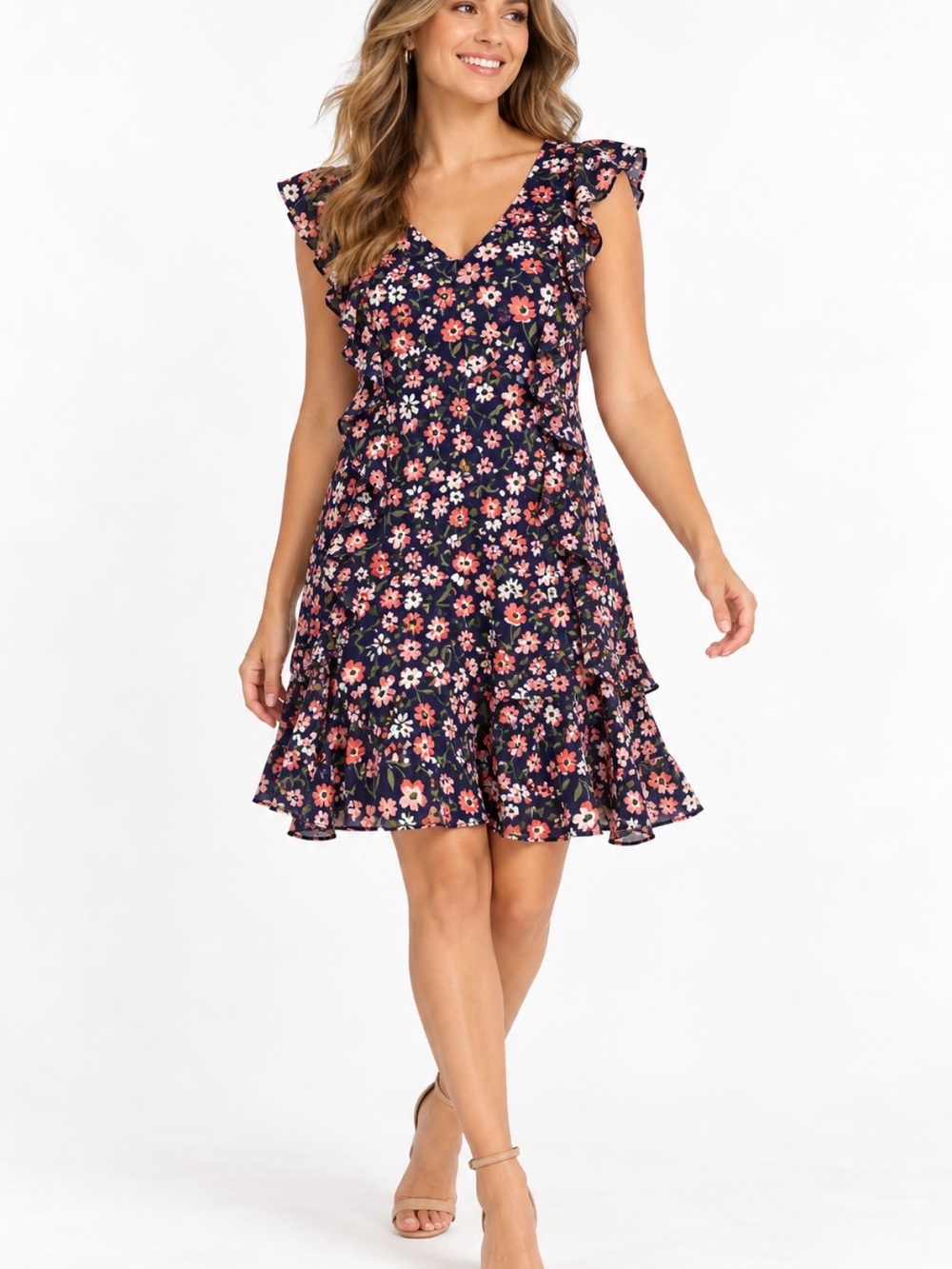 MICHAEL Michael Kors Garden Patch Floral Ruffle Dress Navy XL